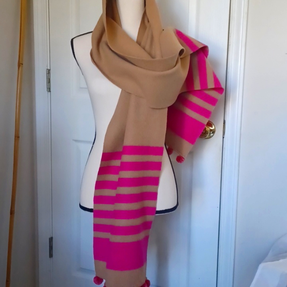 JCrew 100% wool scarf - Brown with Raspberry strips and pomp pomp  ottom of scar